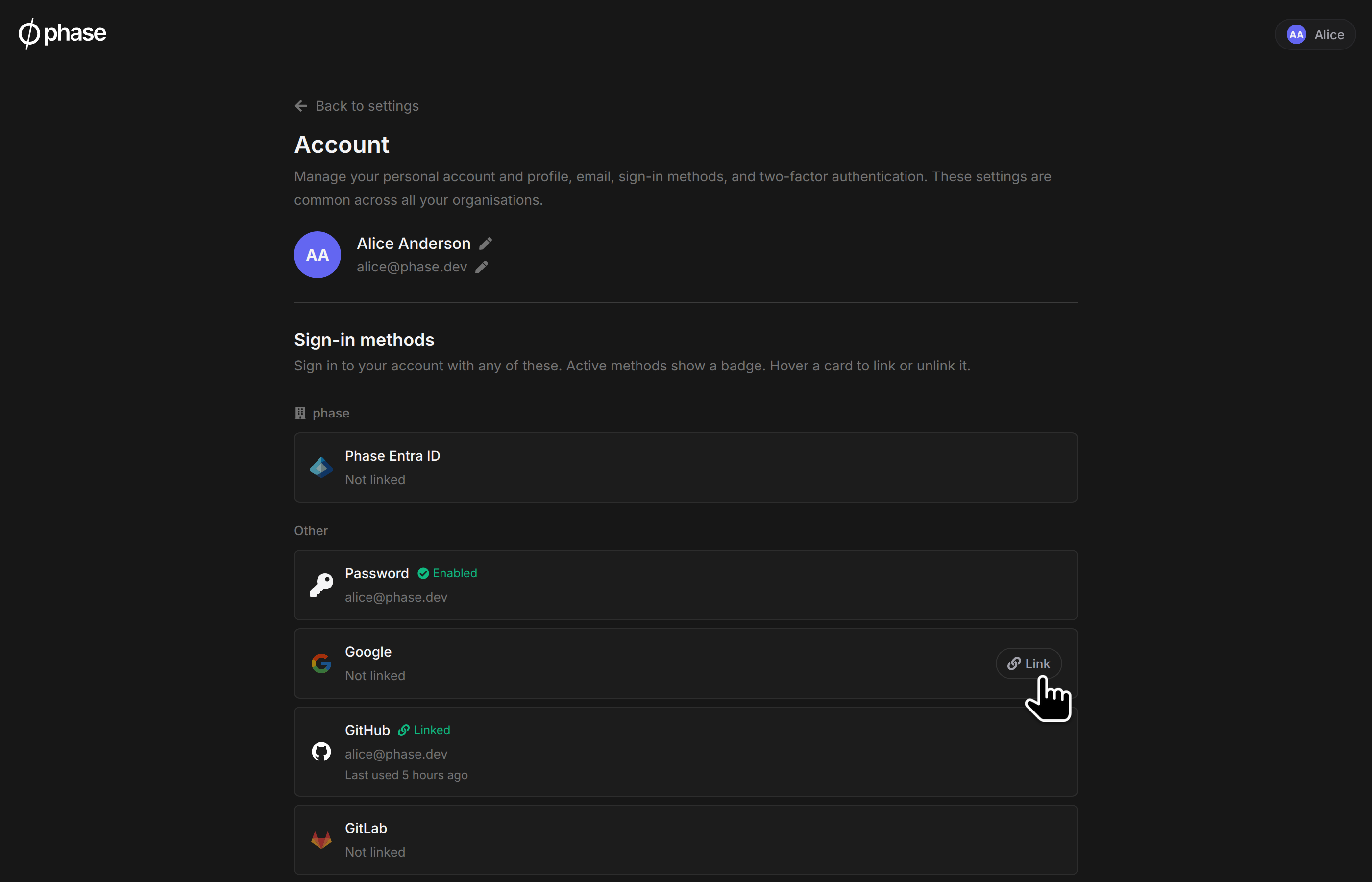Sign-in methods on the Account page