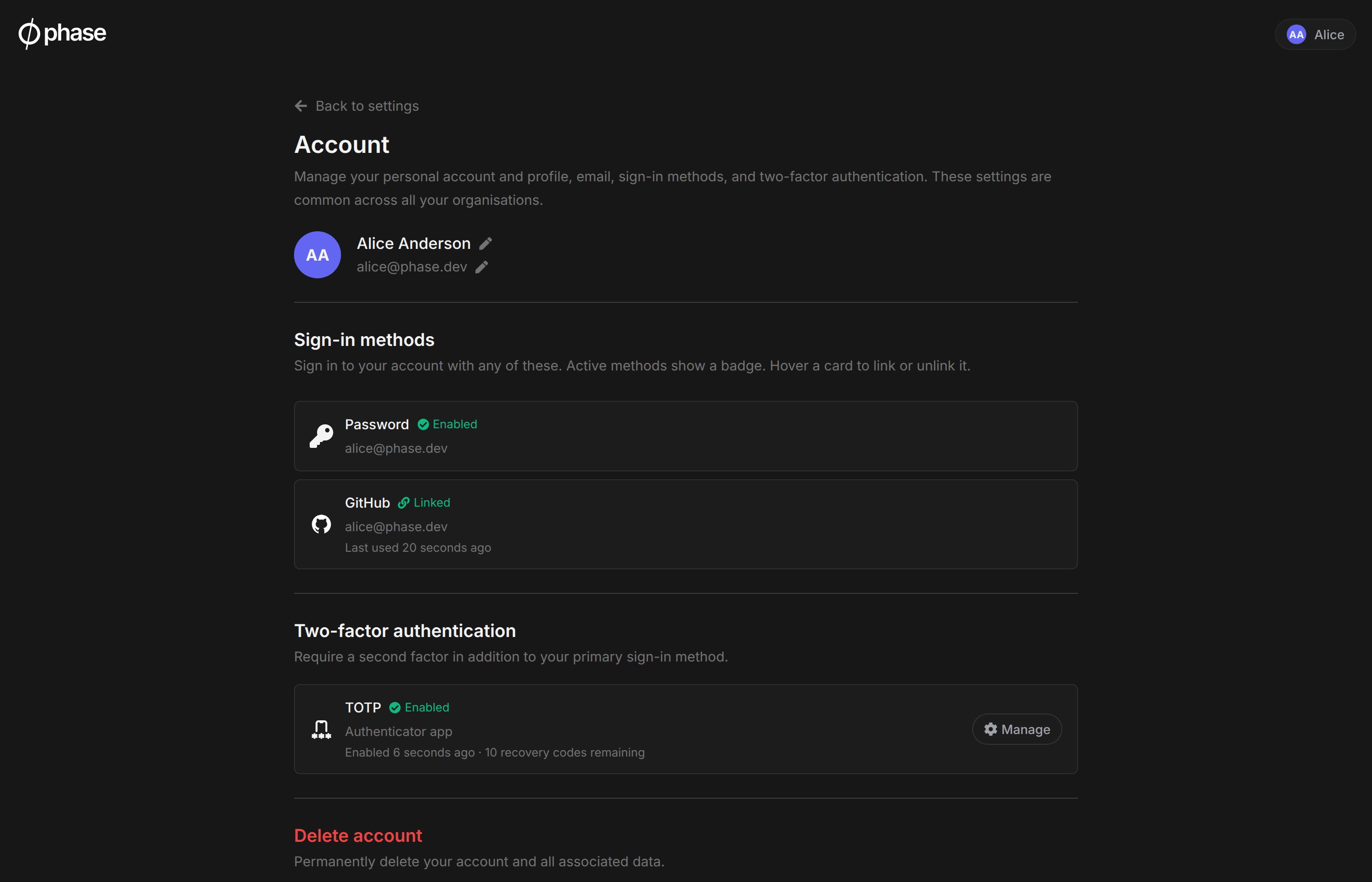TOTP enabled on the Account page