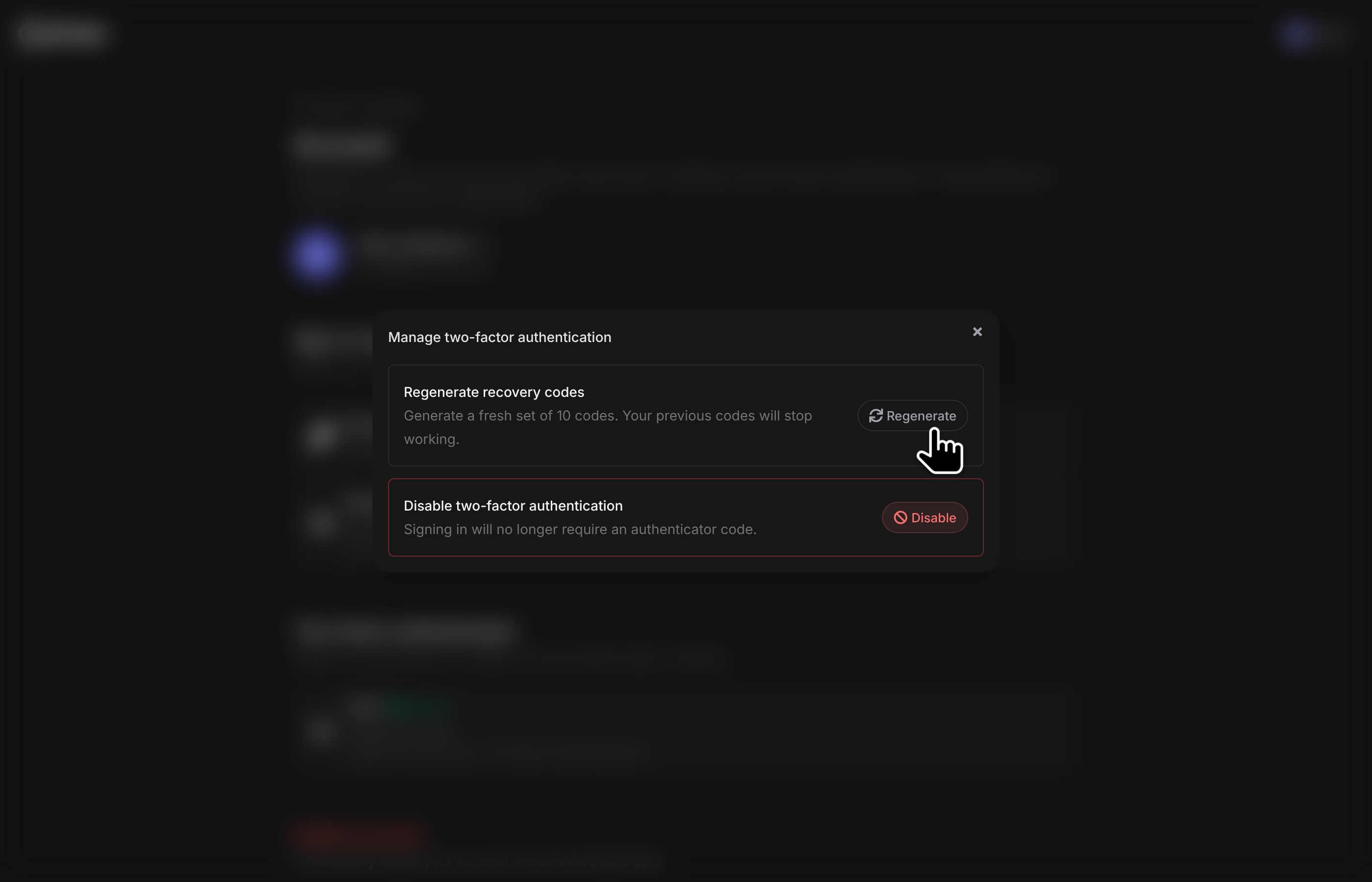 Manage two-factor authentication dialog