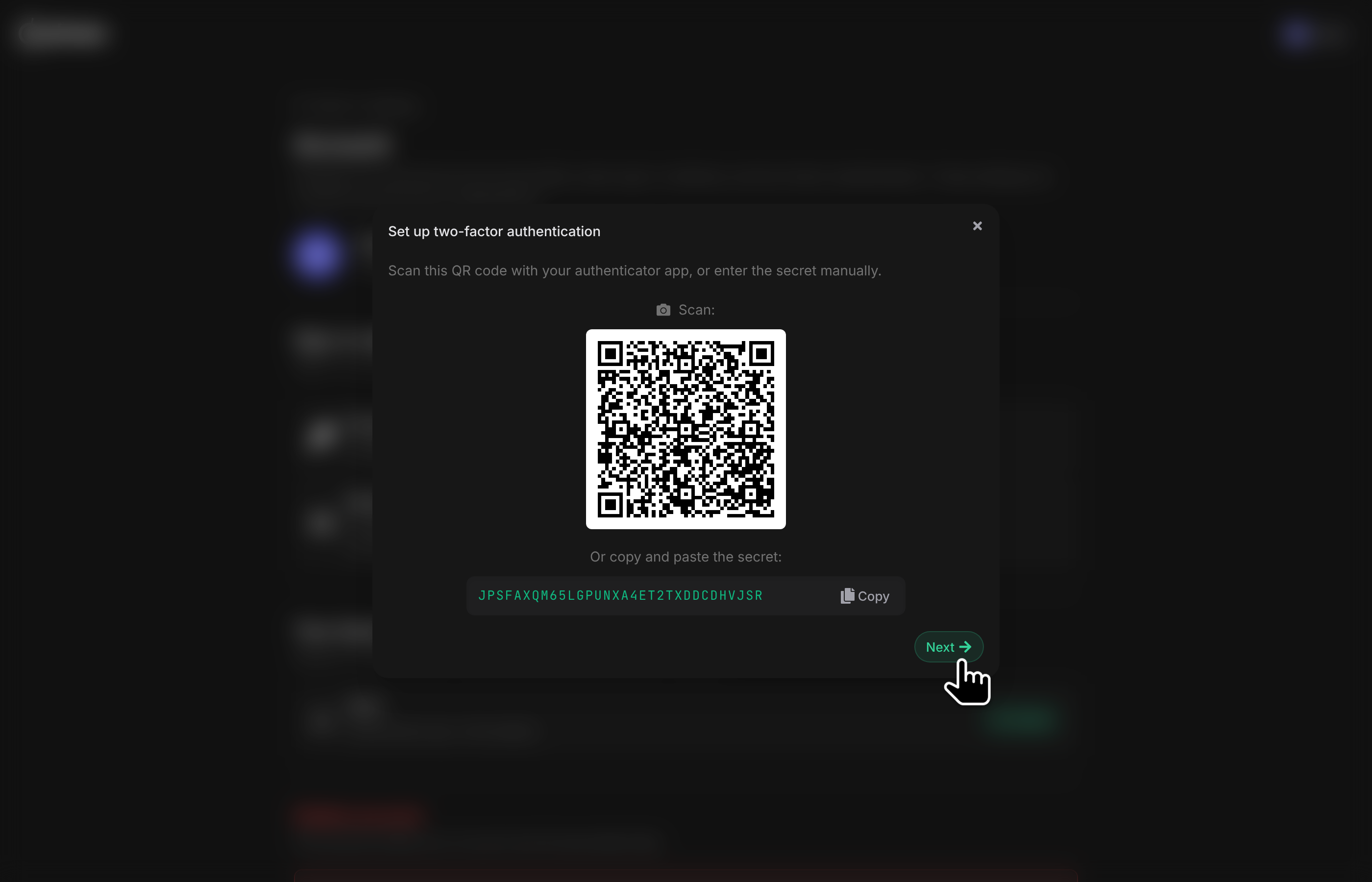 2FA setup: scan the QR code or copy the secret