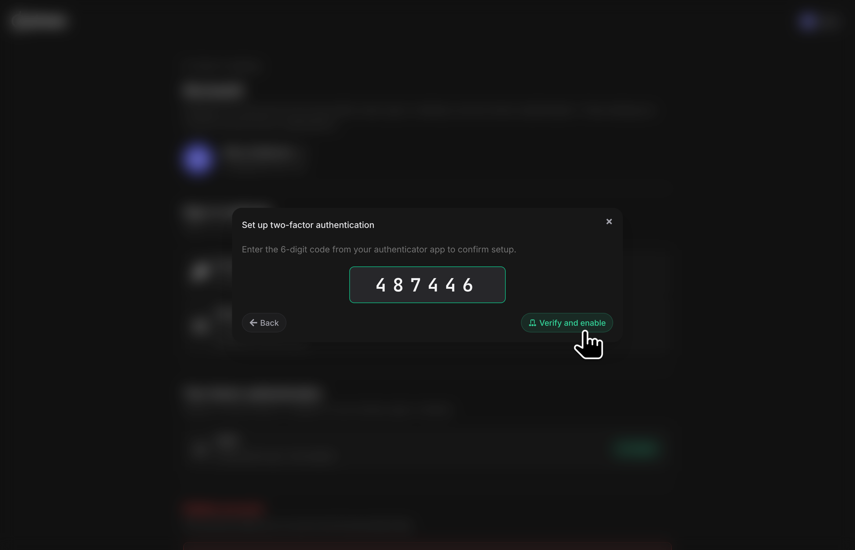 2FA setup: confirm with a 6-digit code