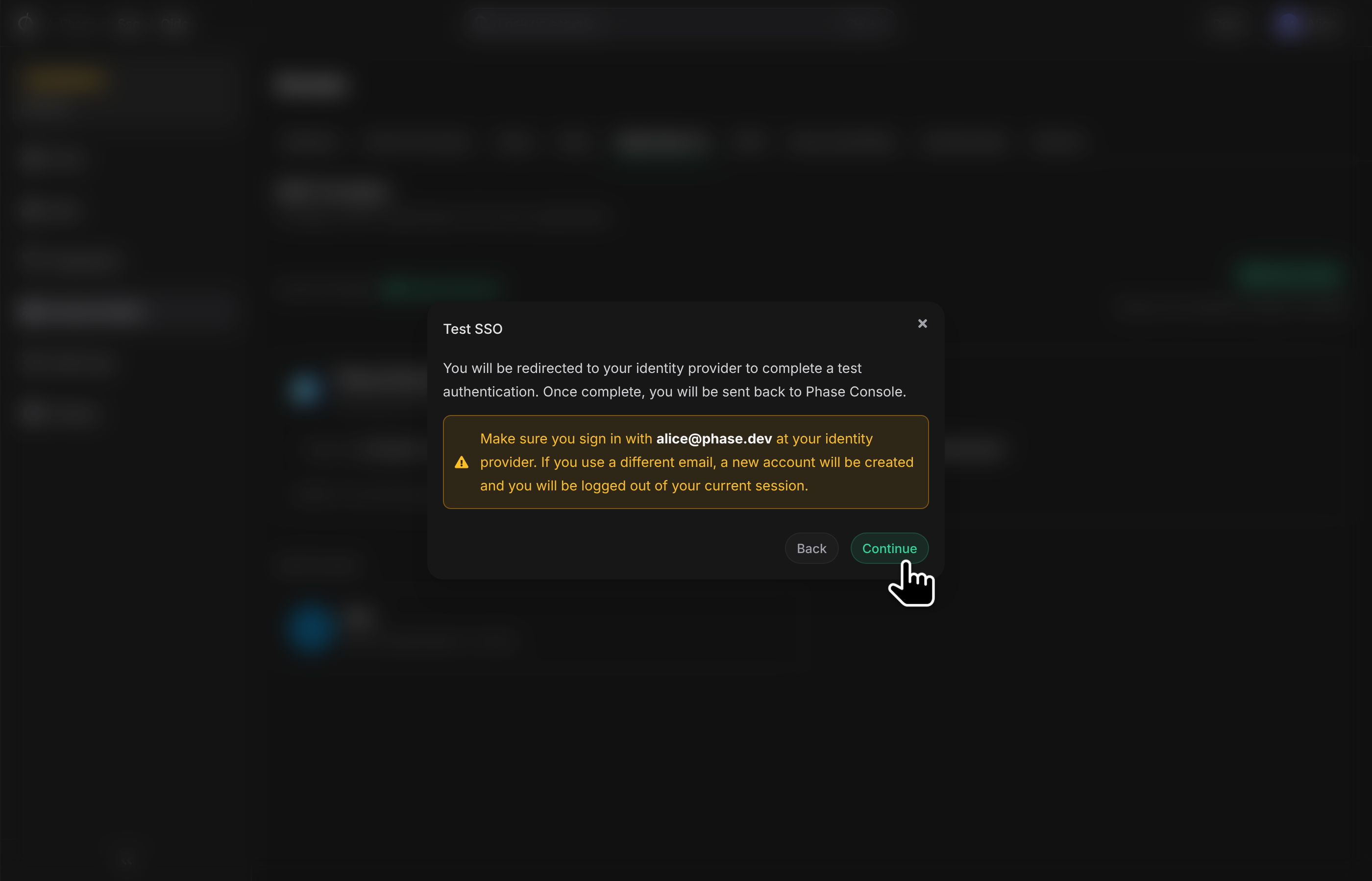 Test SSO confirmation dialog