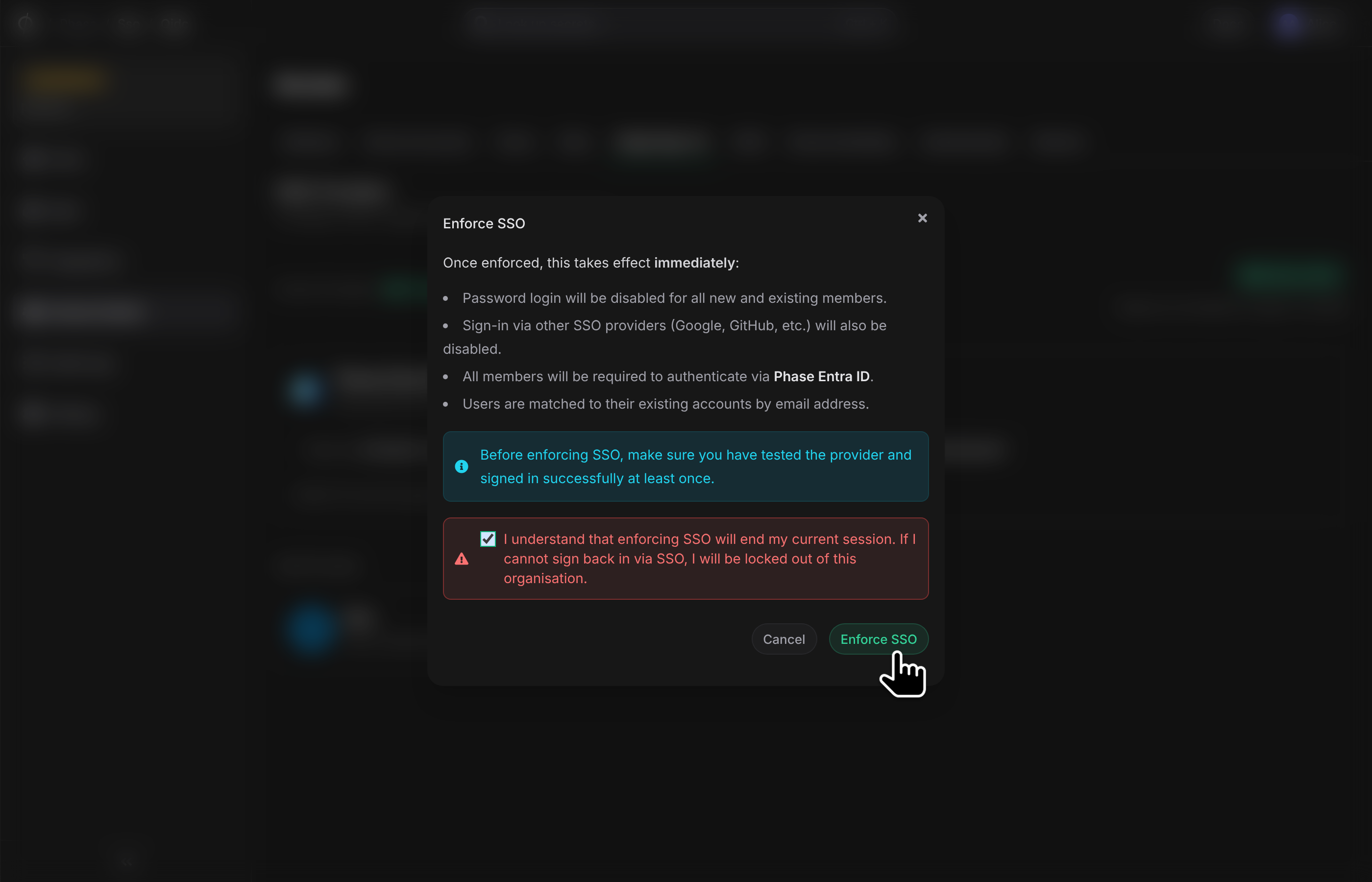 Enforce SSO dialog — acknowledgement checked