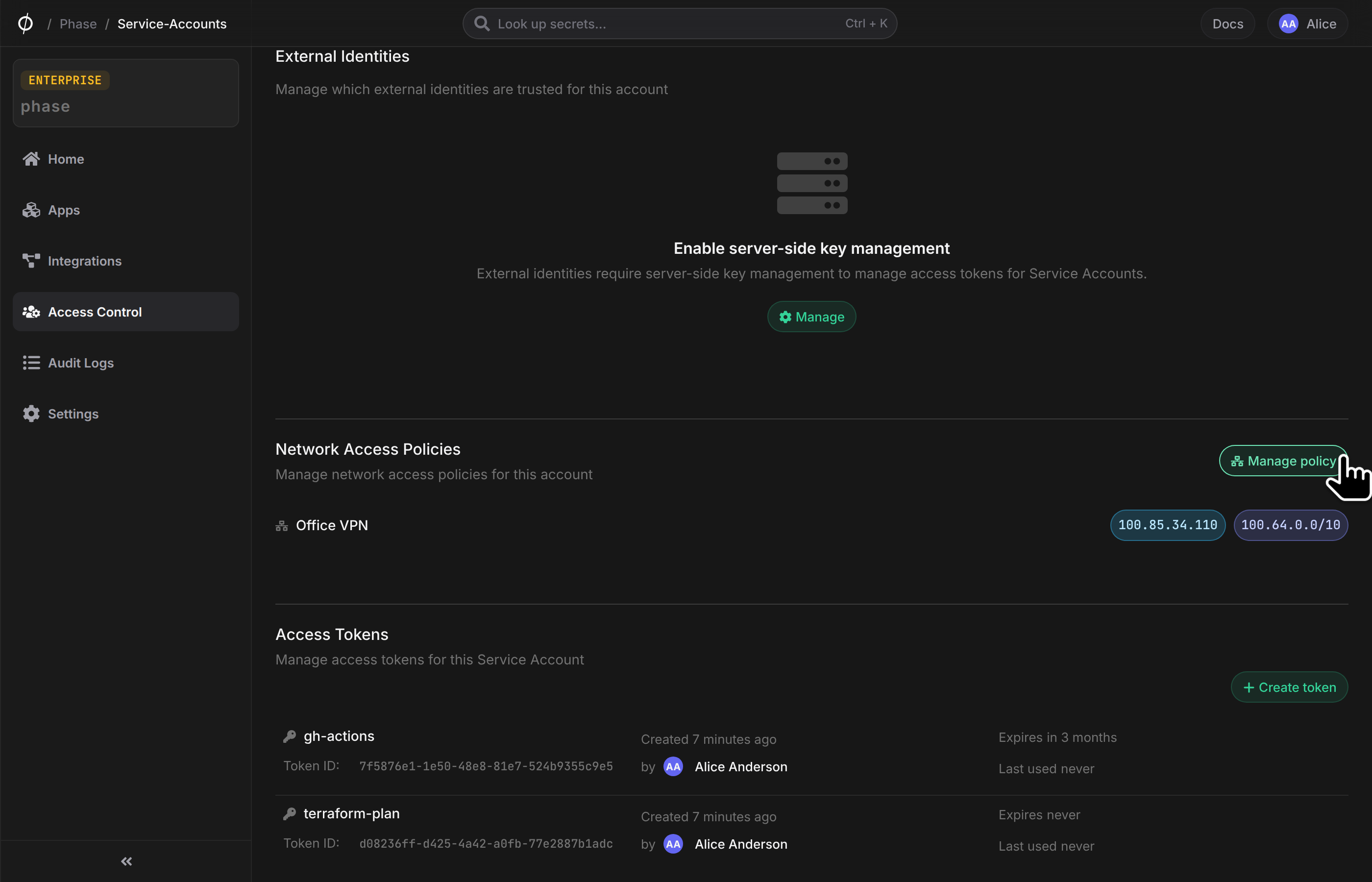 Network access policy section on a service account page