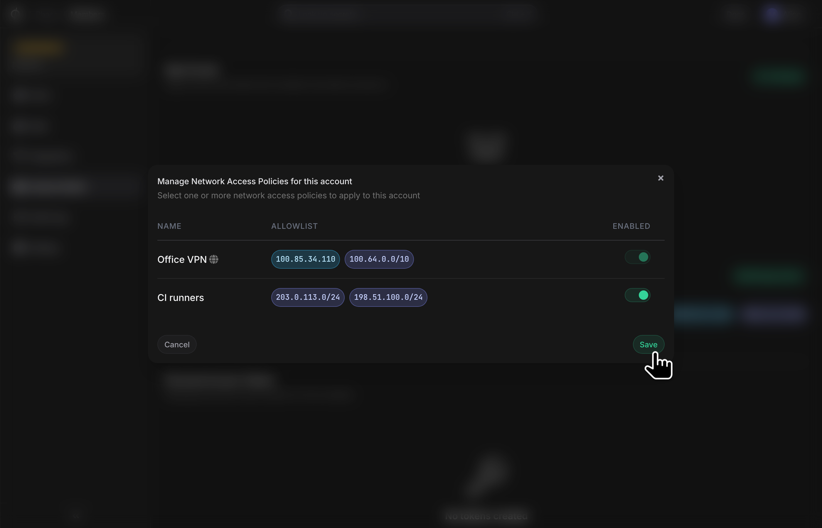 Manage network access policy dialog