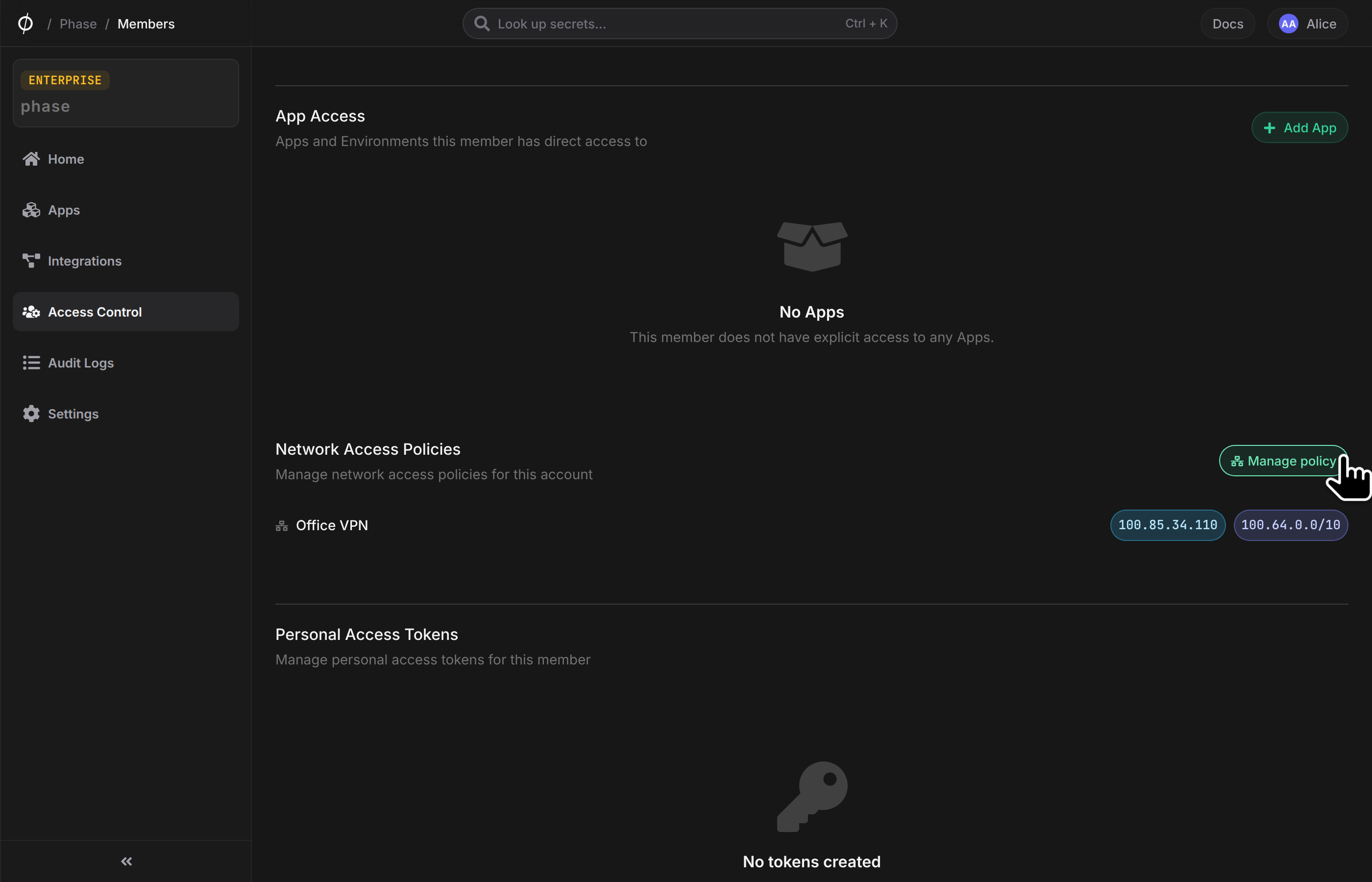 Network access policy section on a member page