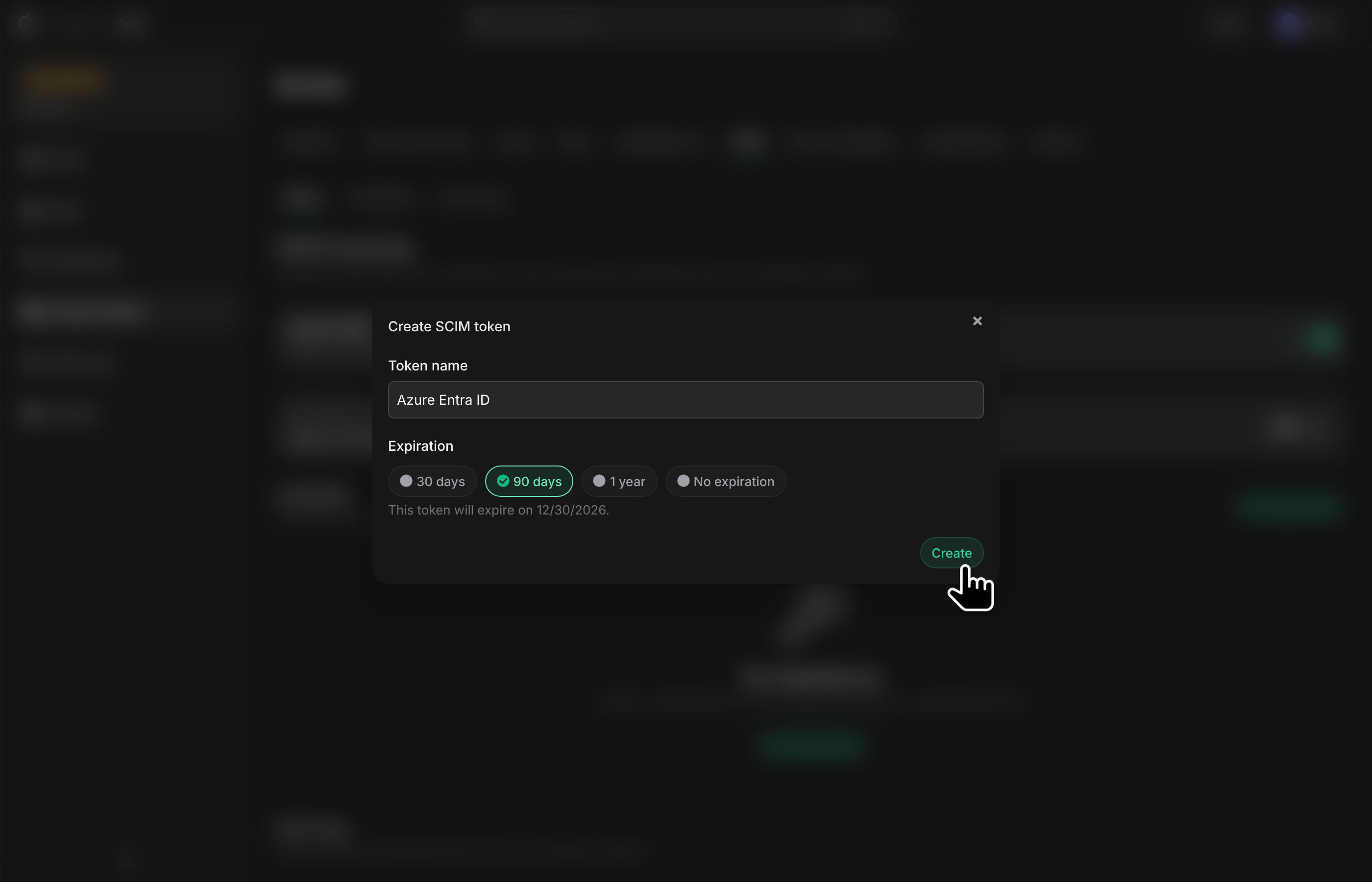 Create SCIM token dialog