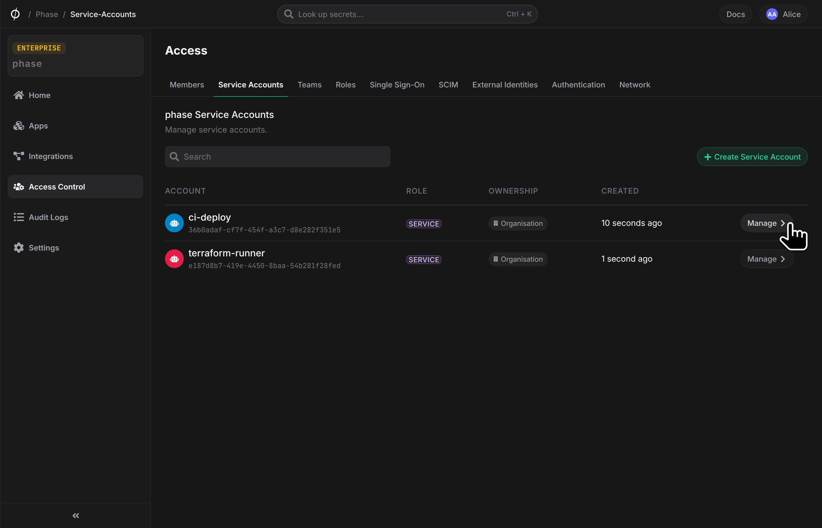 Click manage service account button
