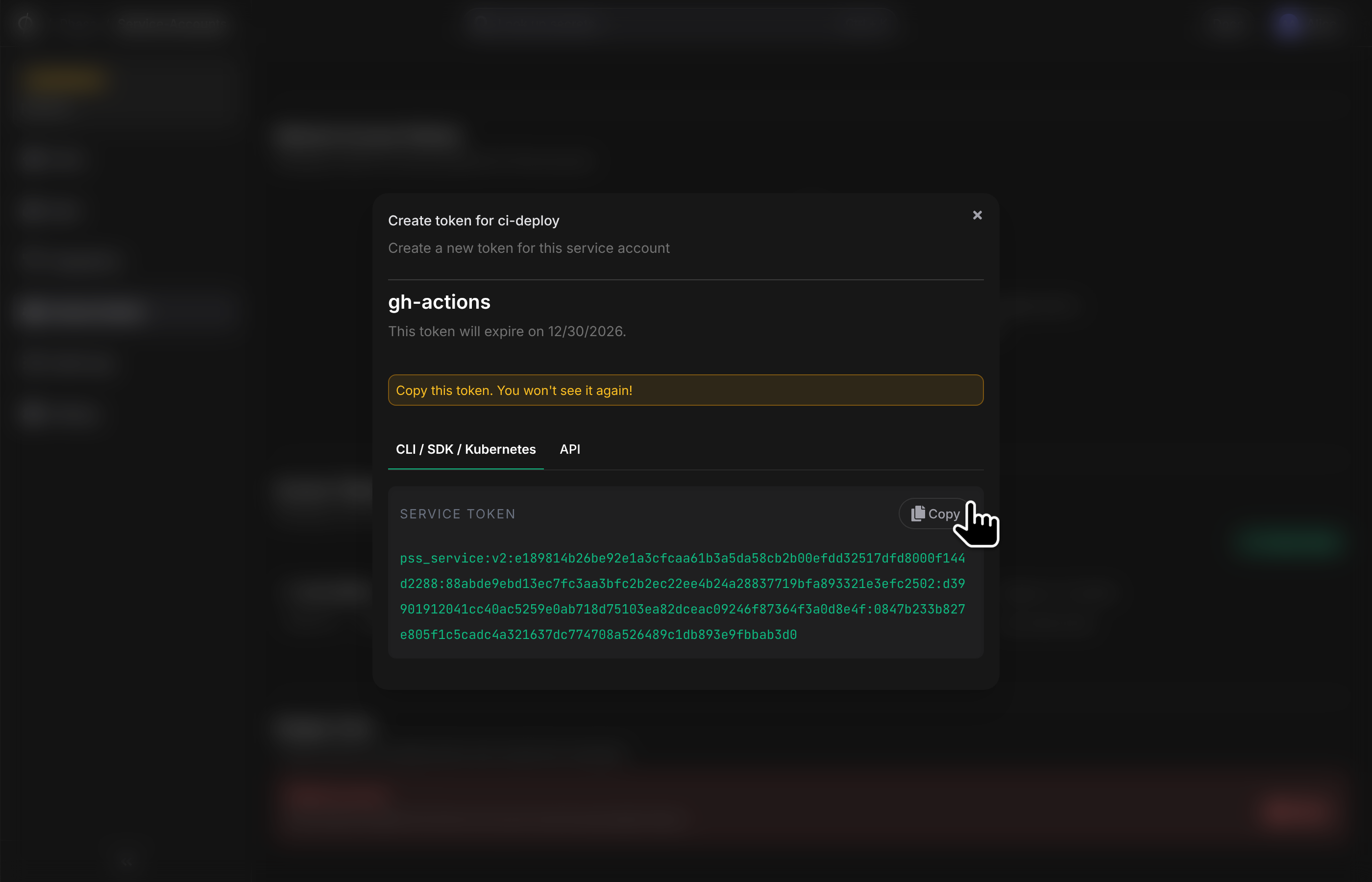 Copy created service token