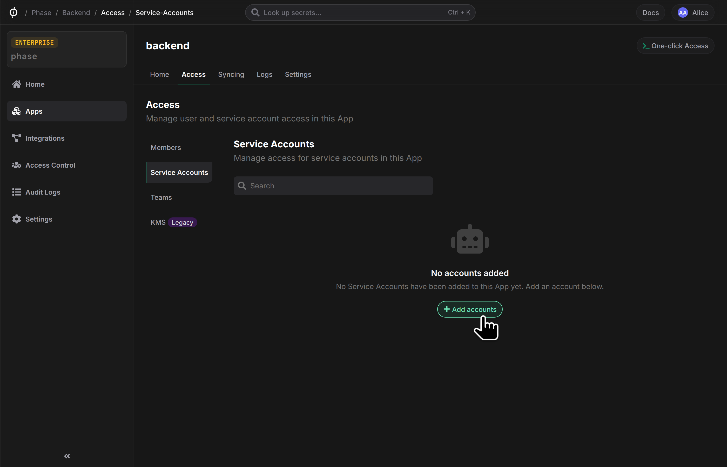 Add service account to app