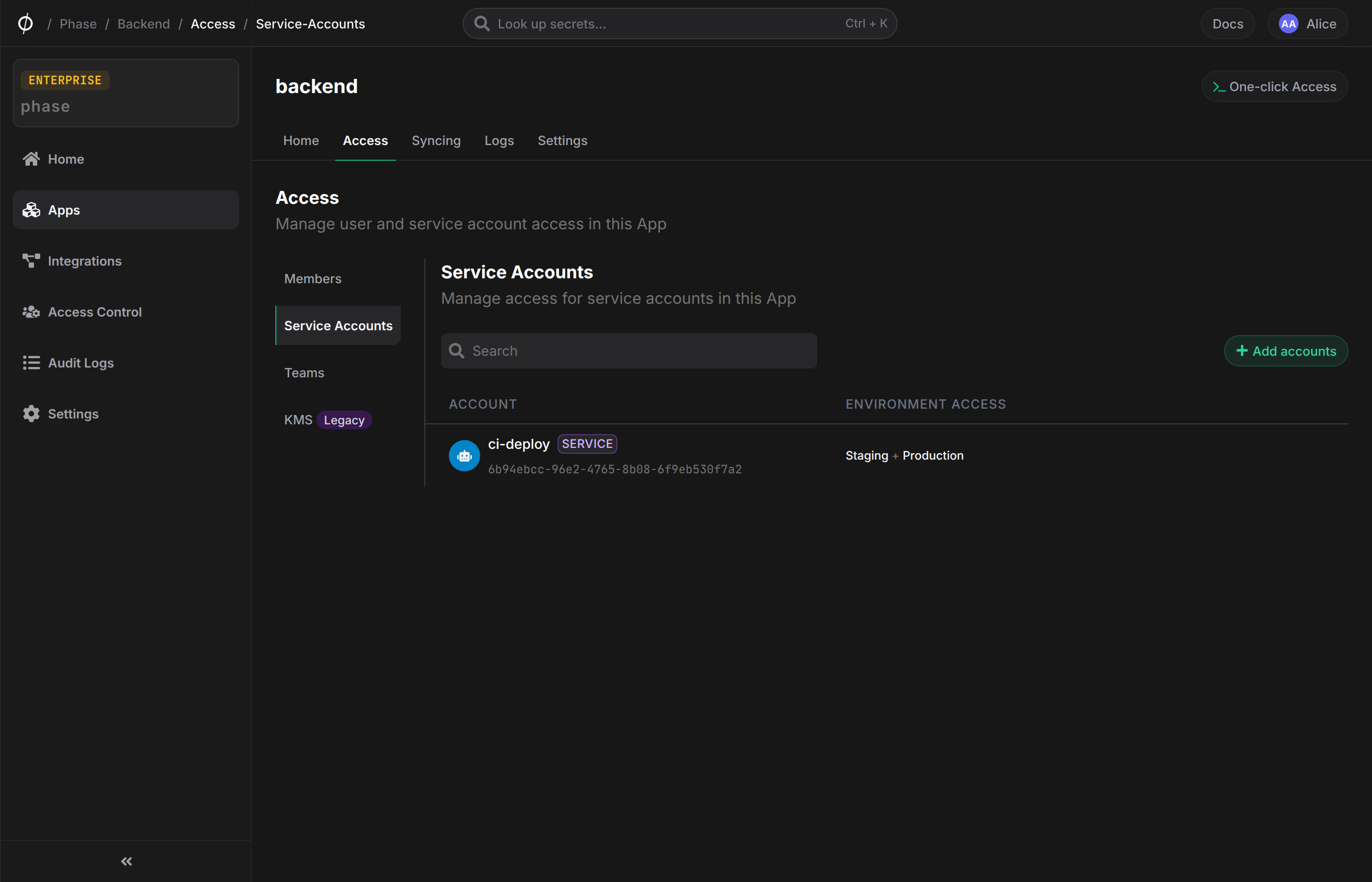 Add service account to app