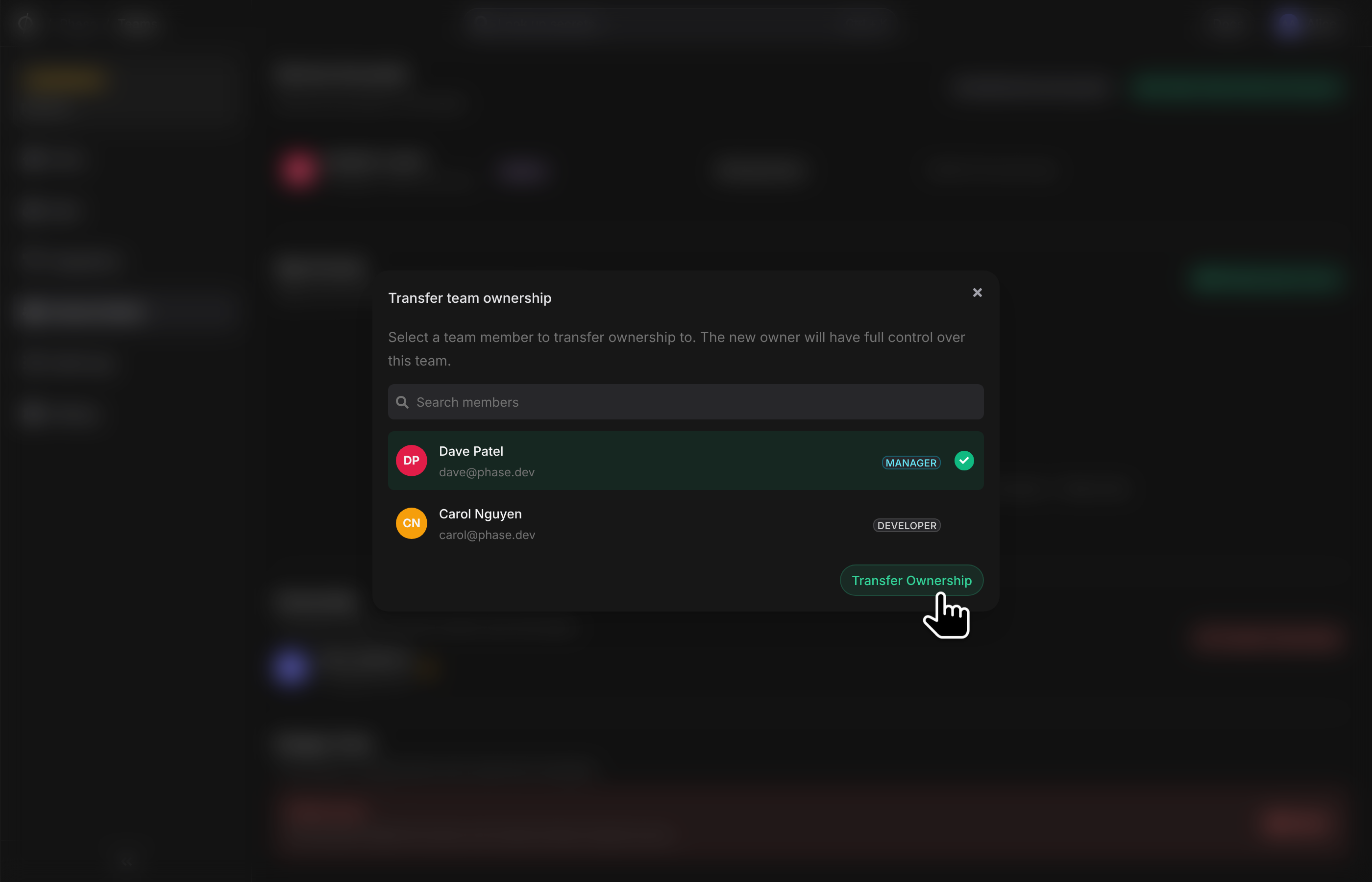 Transfer team ownership dialog
