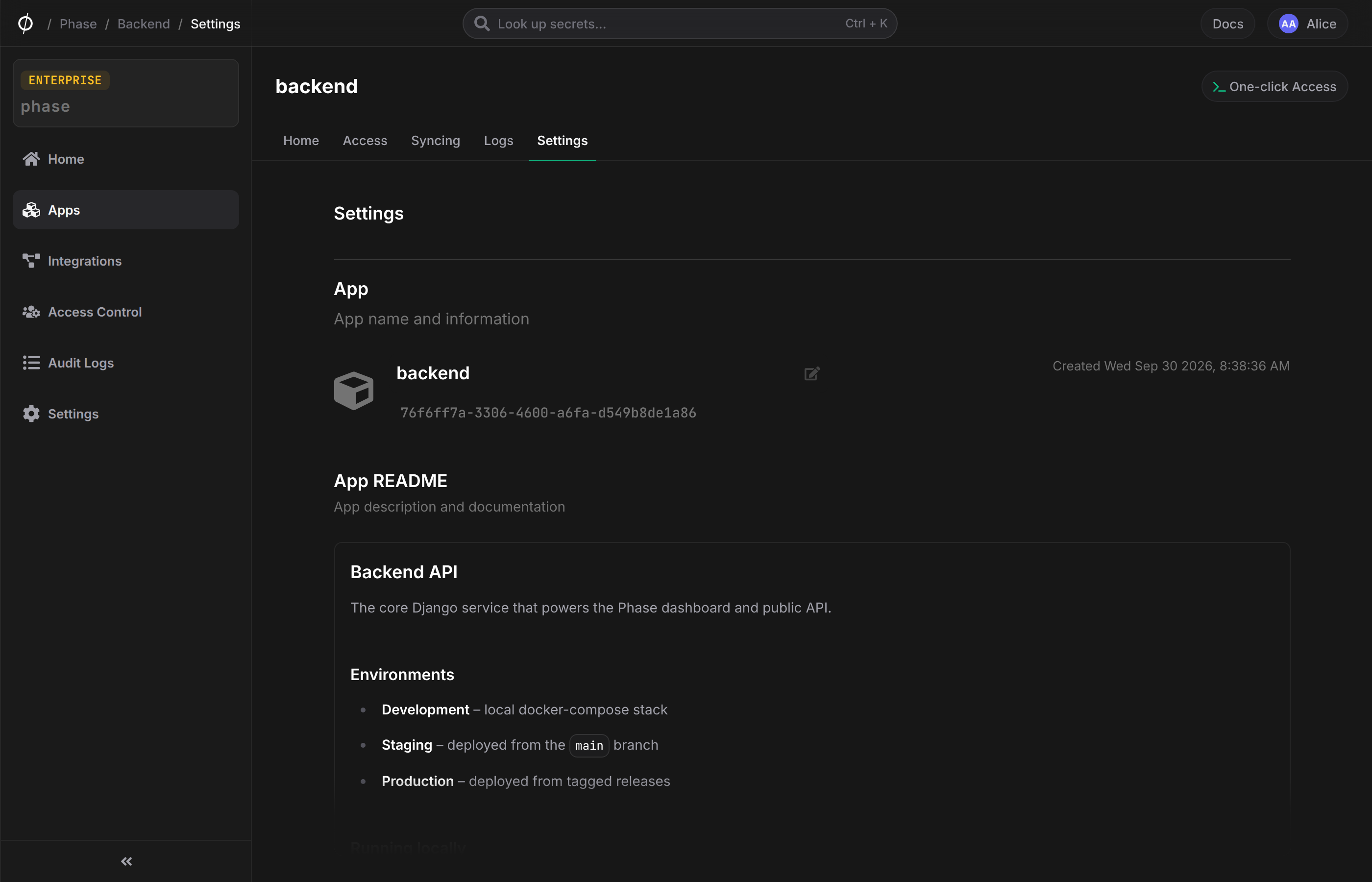 App settings tab