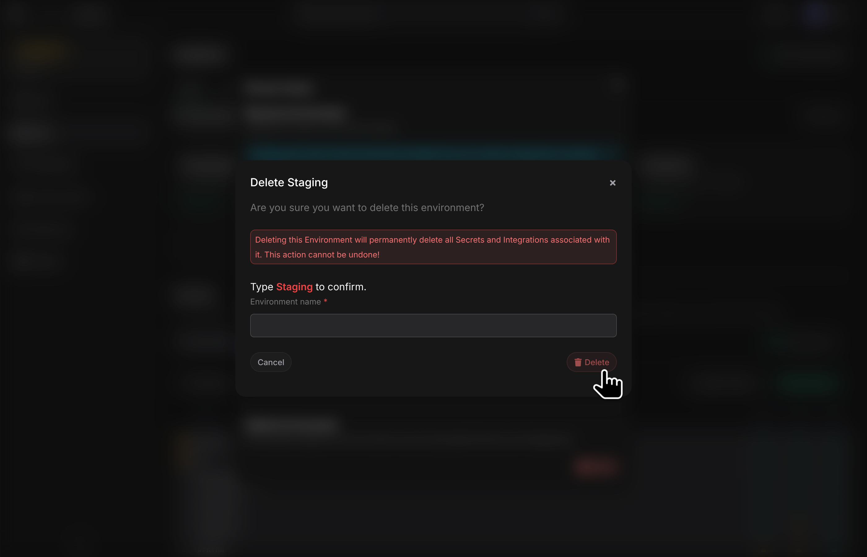 Delete environment section and confirmation