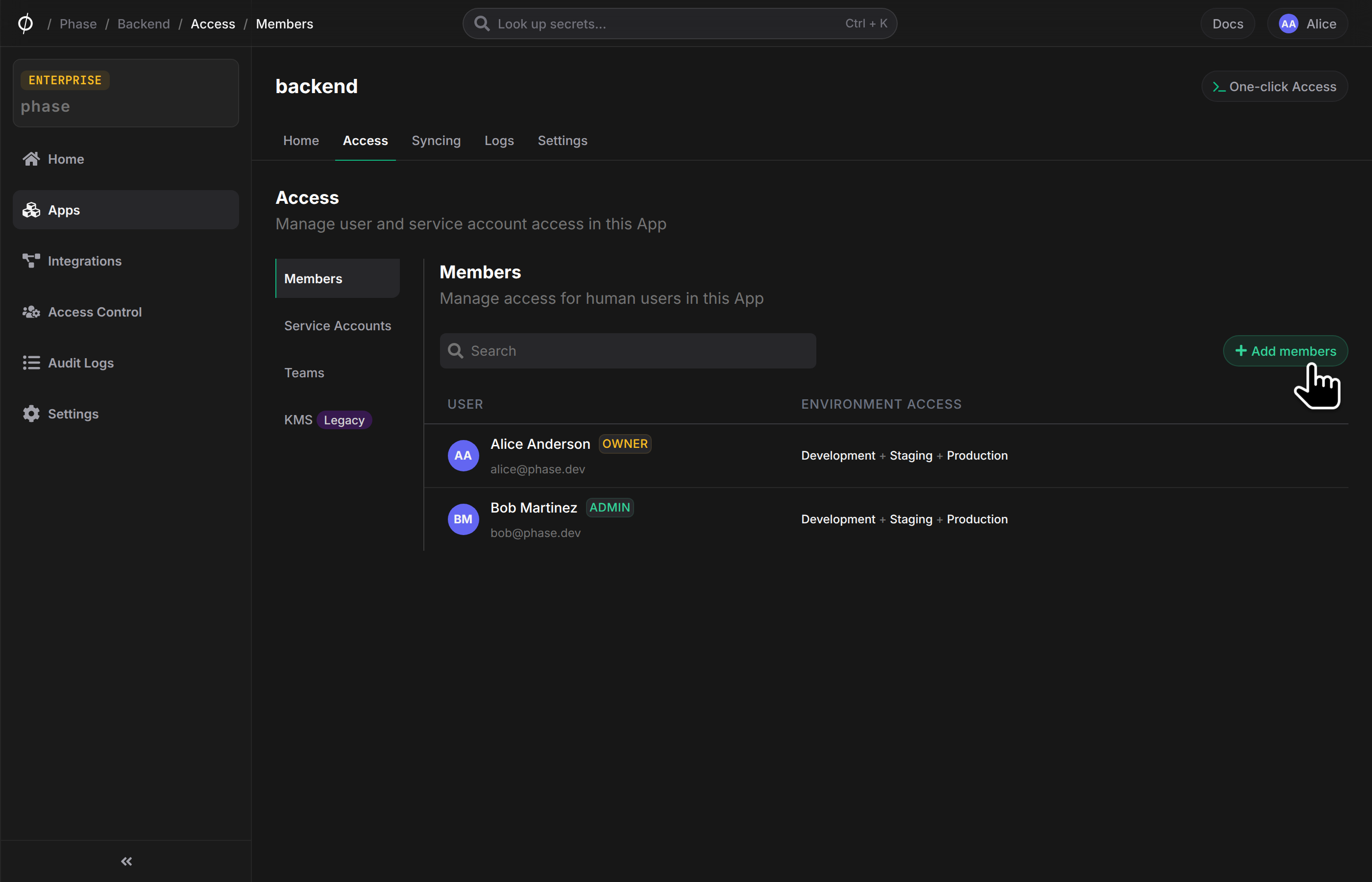 Manage environment access dialog