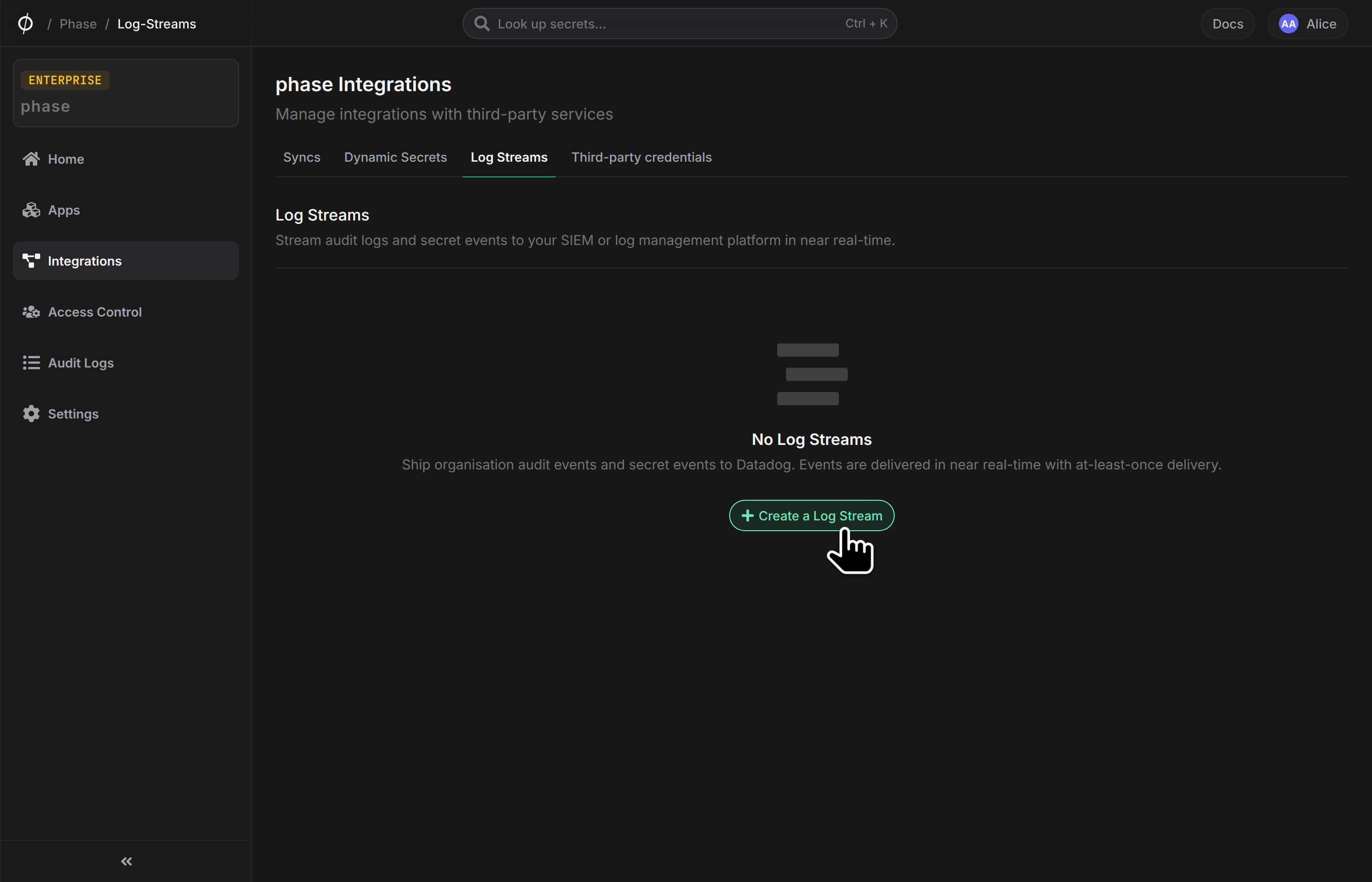 Log Streams tab with the Create a Log Stream button