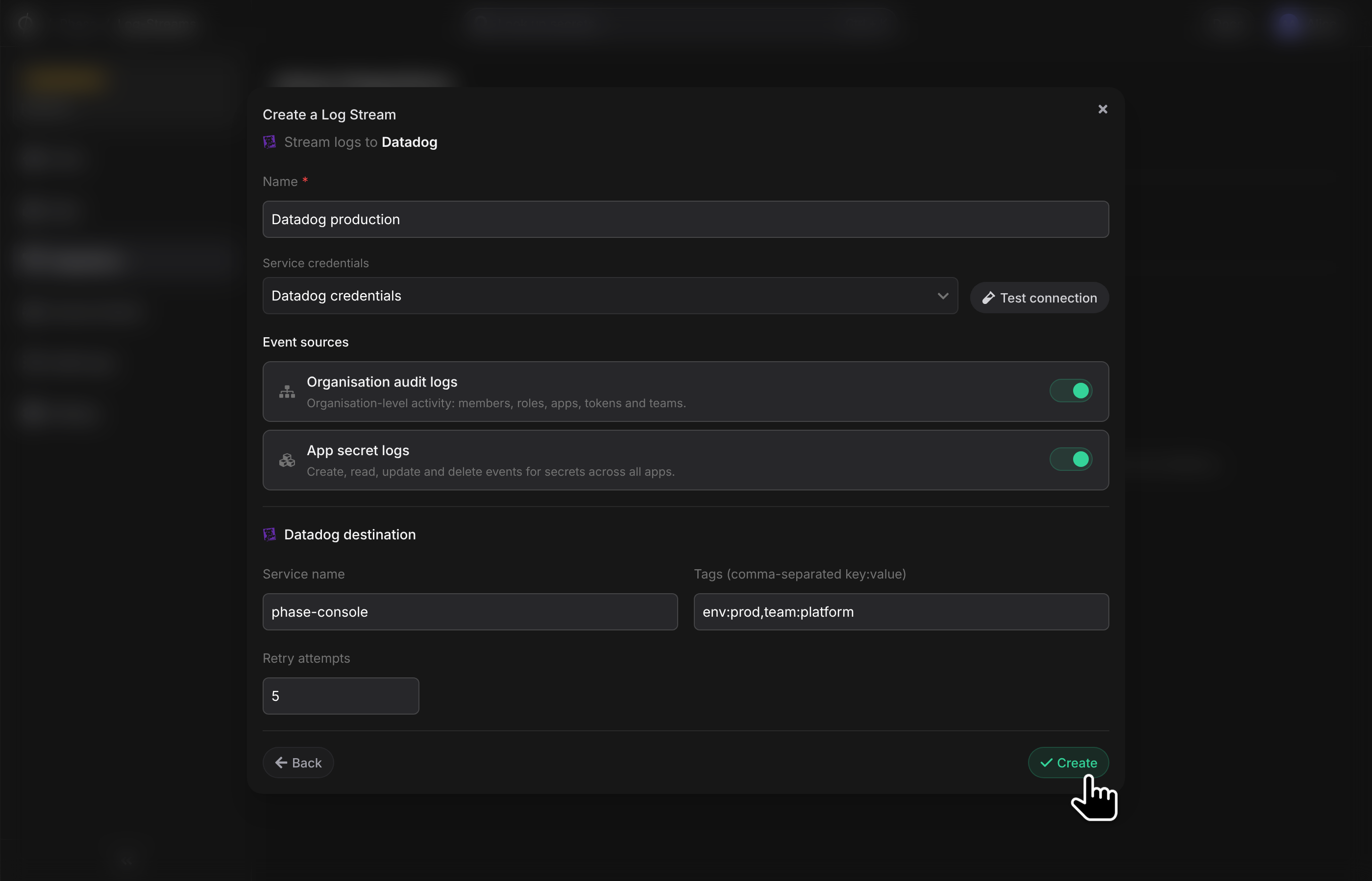 Create a Log Stream dialog with credentials, event sources and Datadog destination options