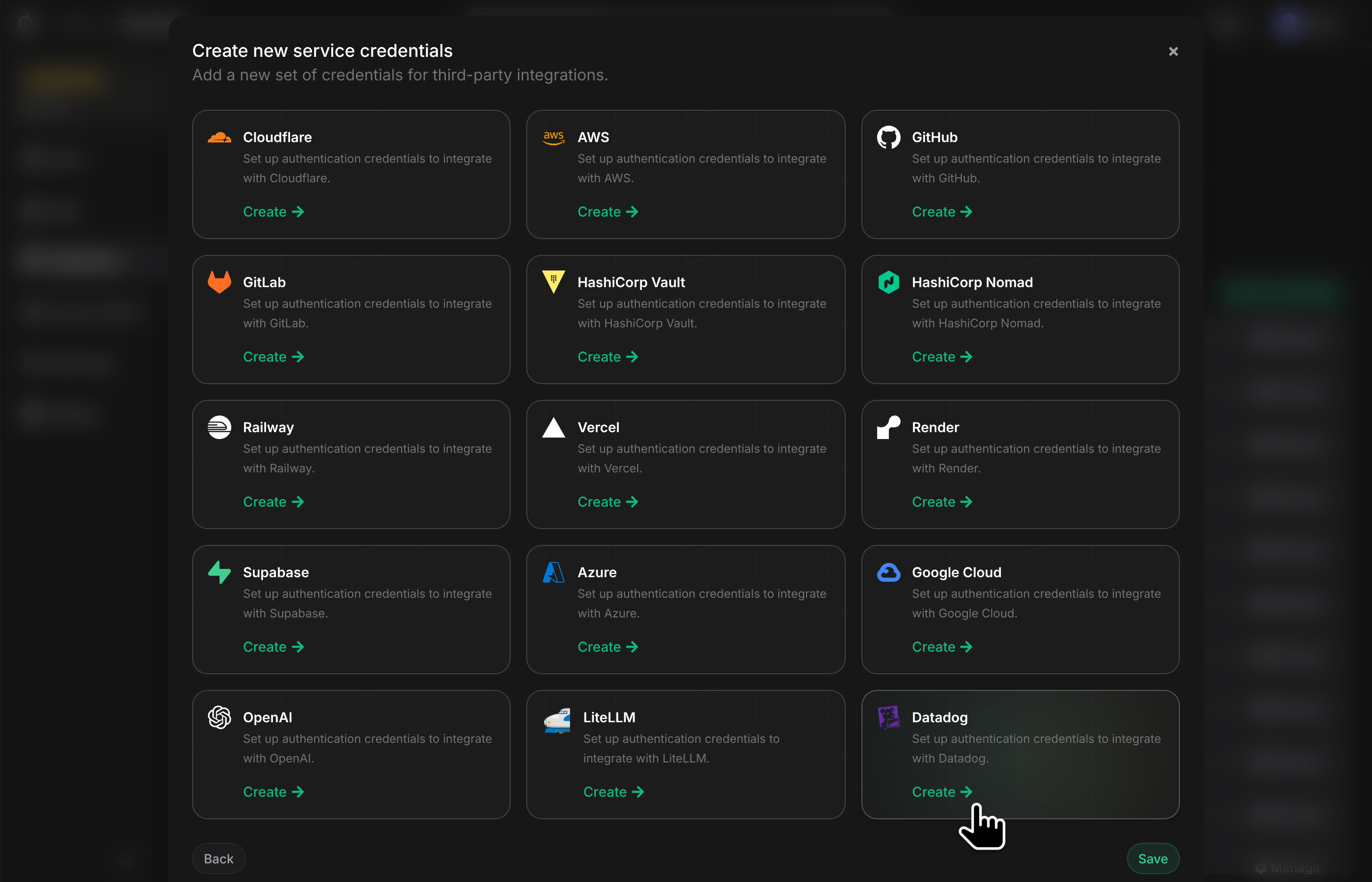 Create new service credentials dialog with the Datadog card