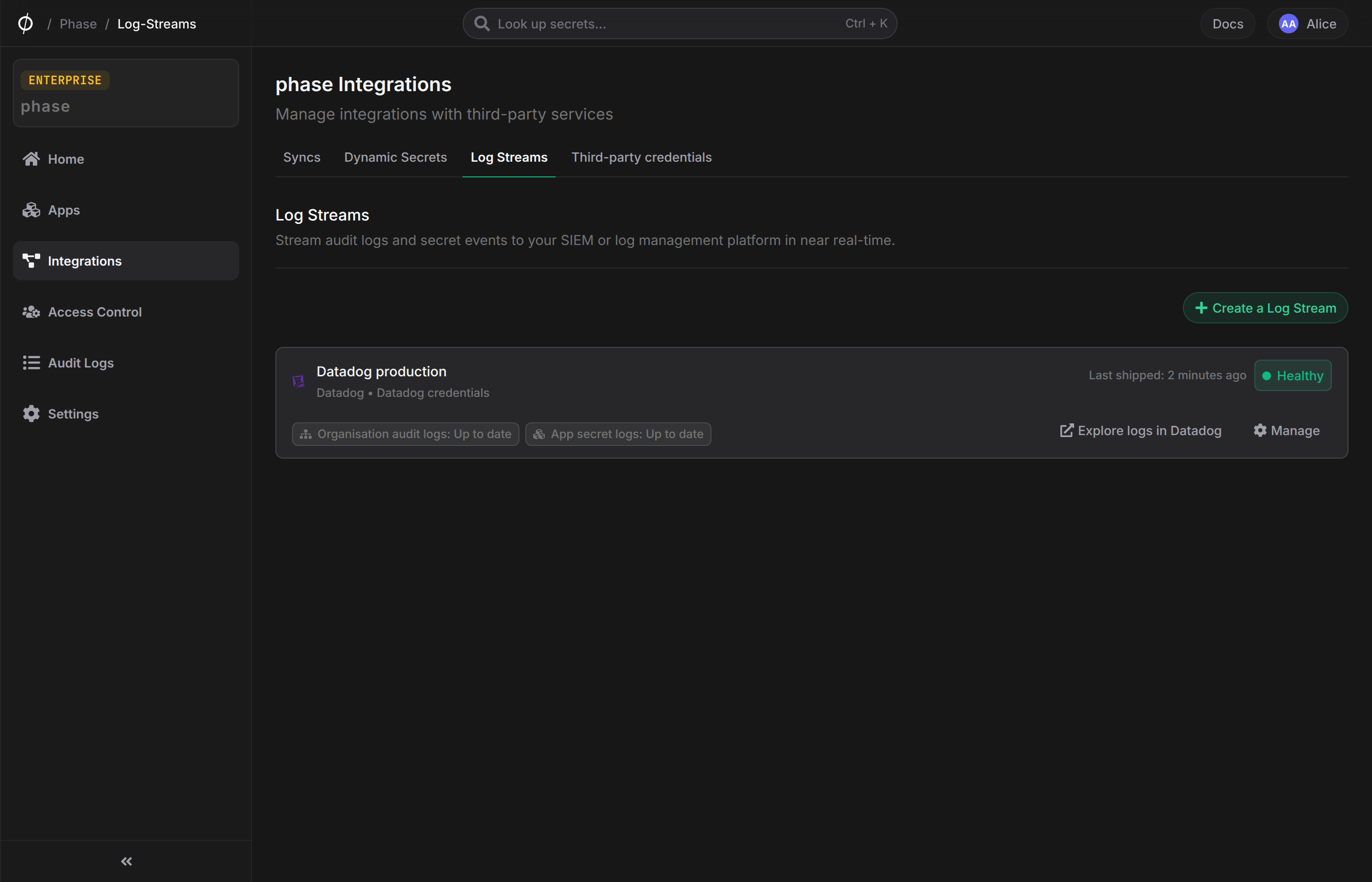 Log stream card showing per-source delivery status and the Explore logs in Datadog link