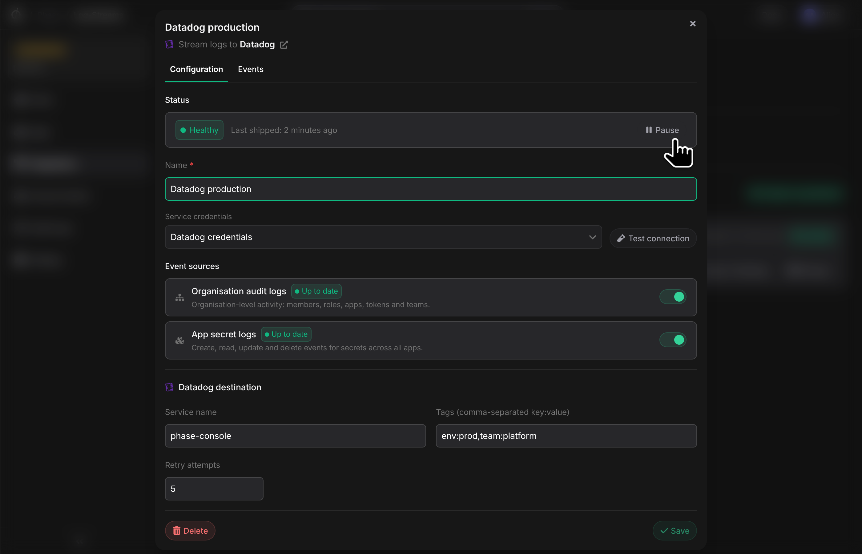 Log stream configuration tab with status, pause control and event source toggles