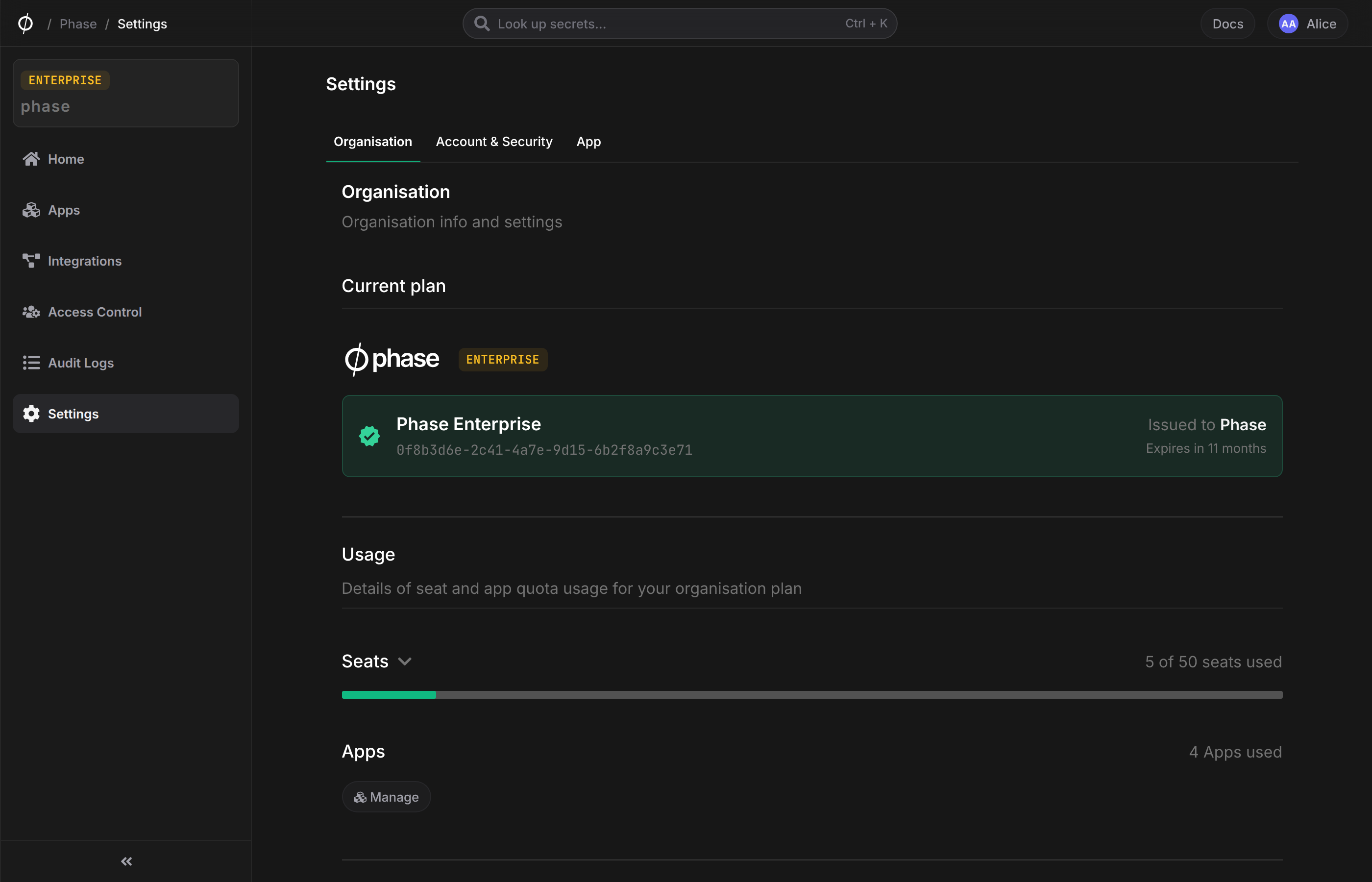 organisation settings