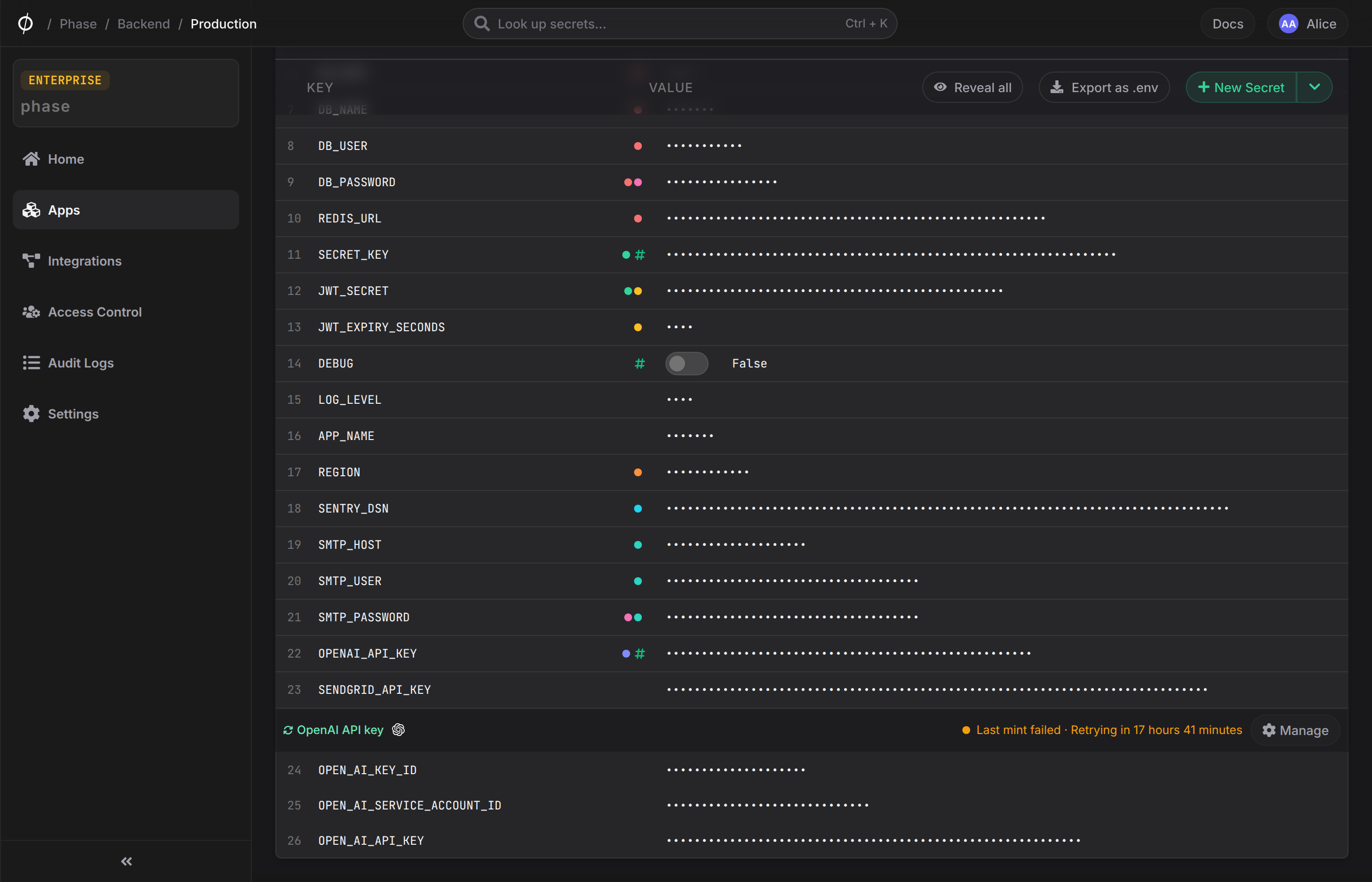 Degraded rotating secret in the Environment view