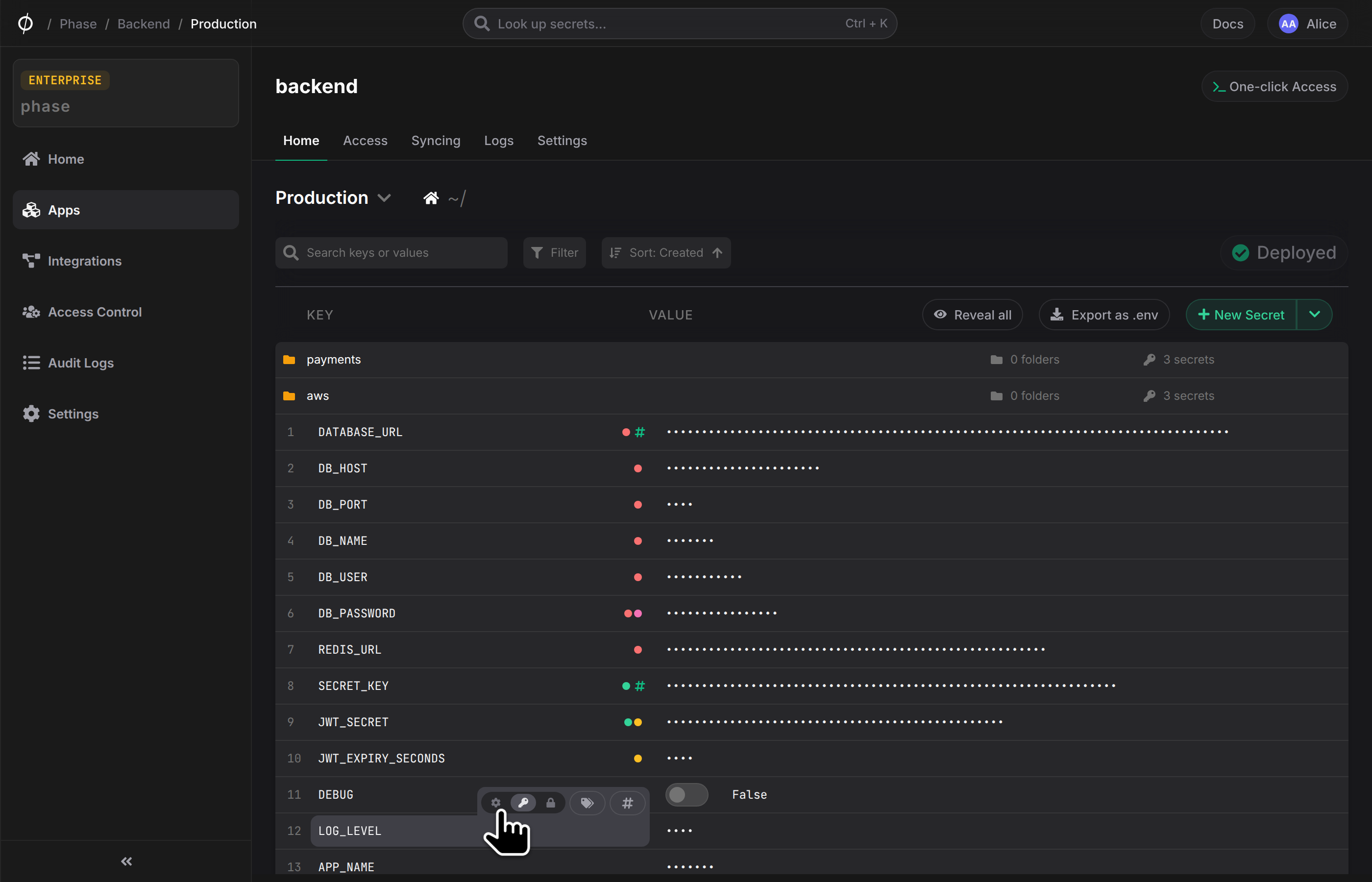 Secret type selector shown when hovering the secret key