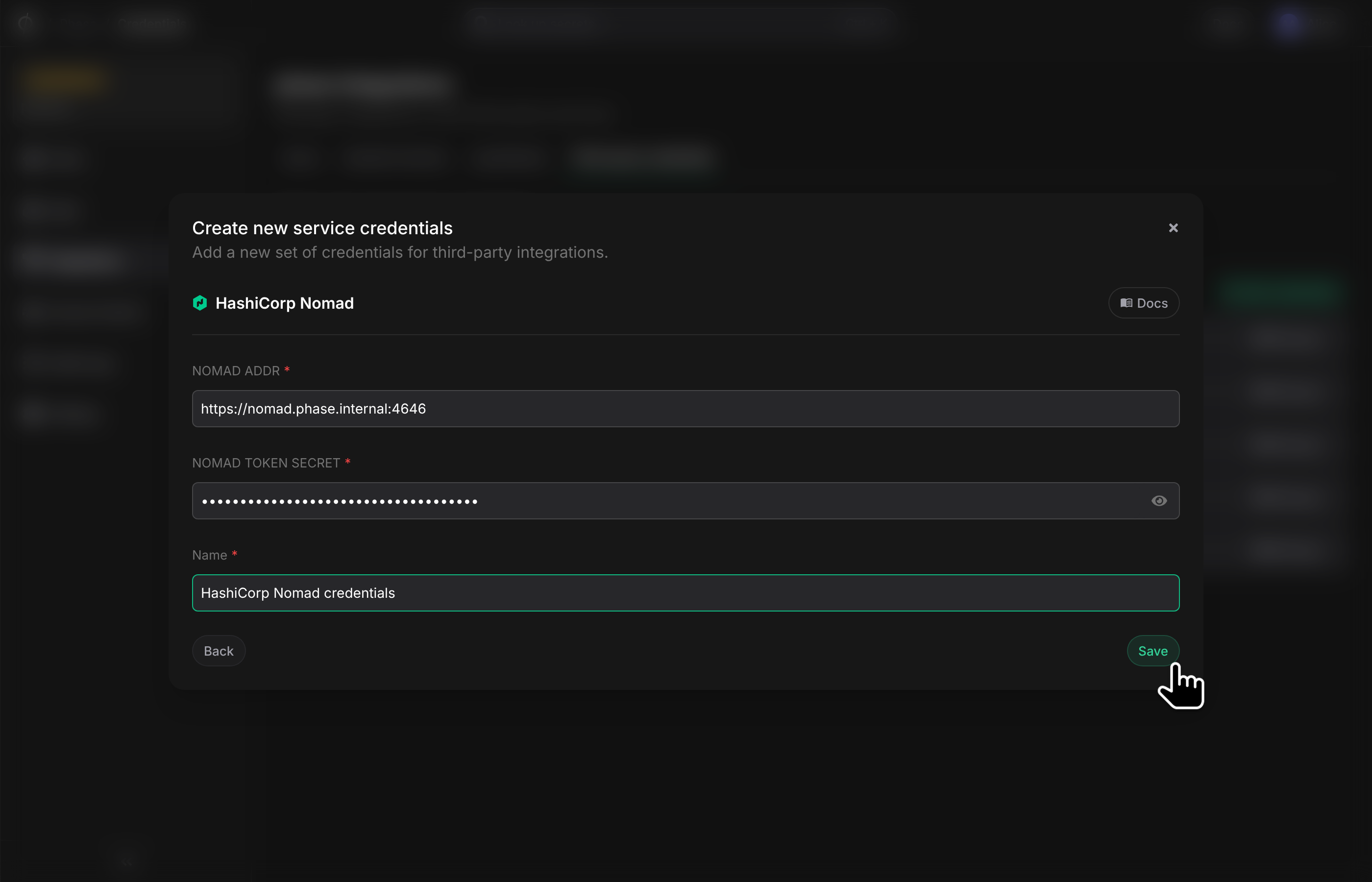 Input Nomad credentials