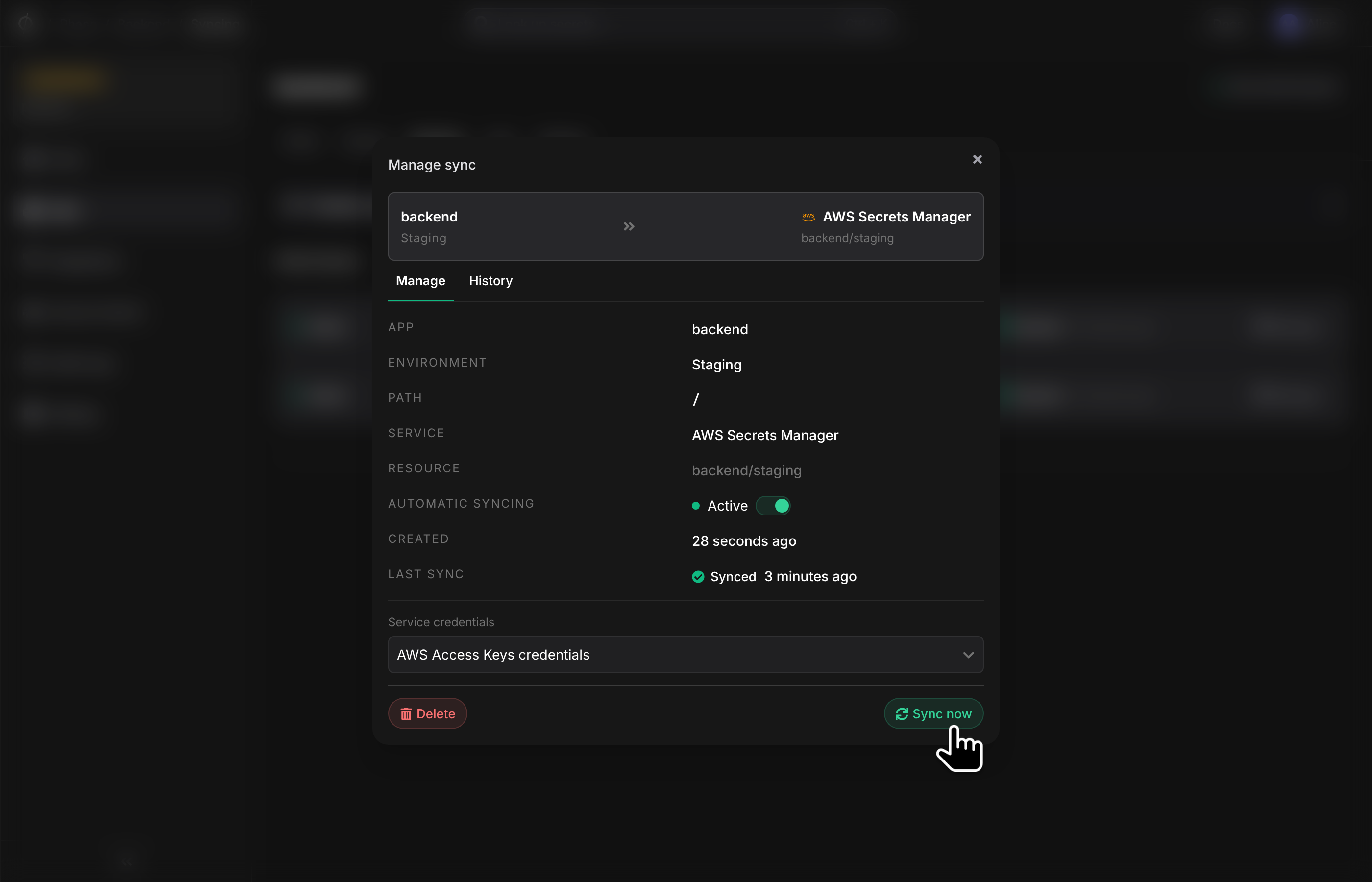 Manage sync dialog