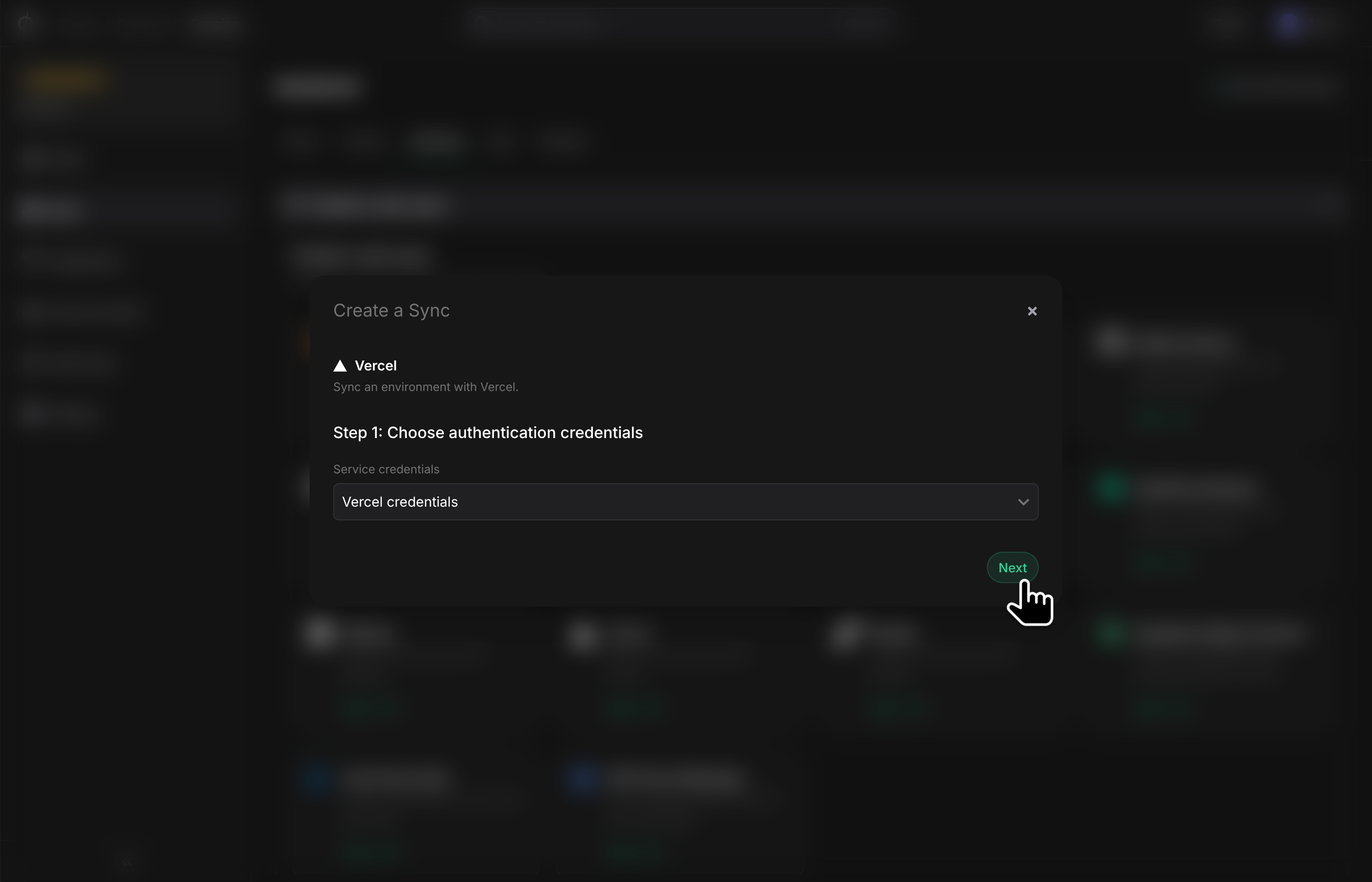 Select service credentials for the sync